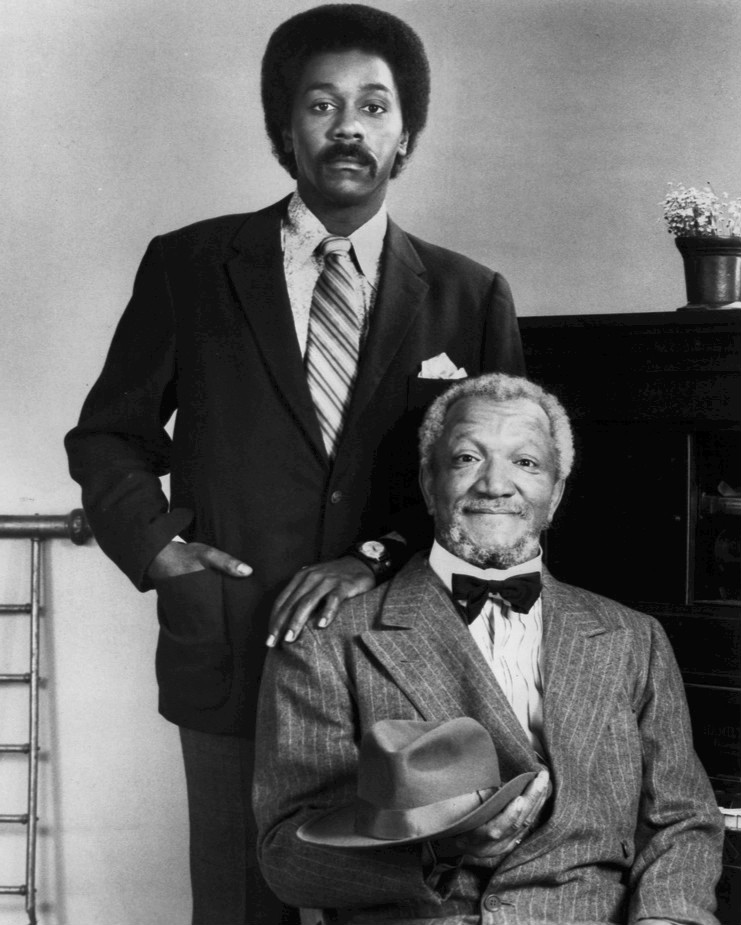 Demond Wilson and Redd Foxx in a 1972 Sanford and Son publicity photo; Wilson is the husband of Cicely Johnston