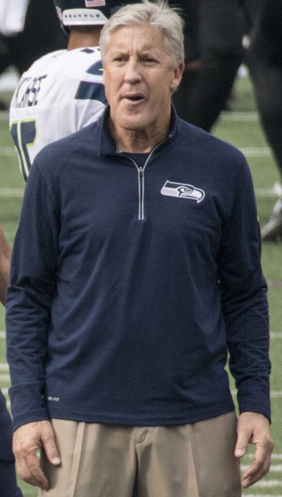 Pete Carroll, NFL head coach and husband of Glena Goranson, on the sideline